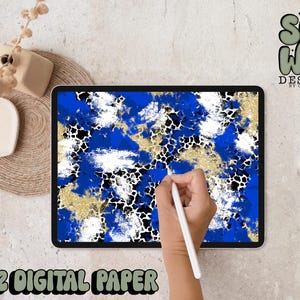 Carta digitale con pennellate di mashup di macchie glitterate blu reale/oro, carta digitale 12"x12" per sublimazione, PNG, design originale