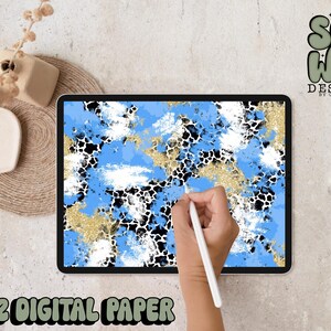 Carta digitale Columbia Blue/Gold Glitter Spots Mashup Brushstroke, carta digitale 12"x12" per sublimazione, PNG, design originale