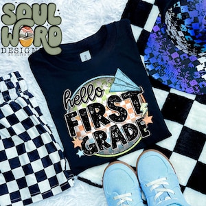 Hello First Grade Blue Checker Sublimation Design, Back To School Design for Sublimation, PNG, Original Design