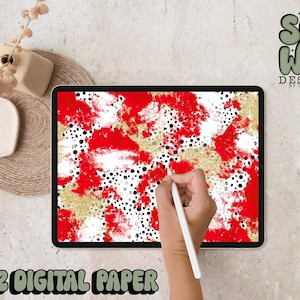 Carta digitale con pennellate di dalmata glitterata rossa/oro, carta digitale 12"x12" per sublimazione, PNG, design originale