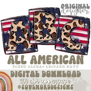 May include: A set of three uppercase letters, A, B, and C, in a boxed design. The letters are filled with a leopard print pattern and are set against a background of red and white stripes, reminiscent of the American flag. The letters are outlined in navy blue and have white stars scattered around them.
