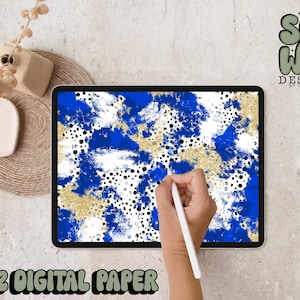 Carta digitale con pennellate di dalmata blu reale/oro glitterato, carta digitale 12"x12" per sublimazione, PNG, design originale