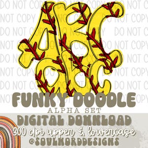 Peut inclure: Un ensemble de lettres majuscules jaunes A, B et C avec des coutures de baseball rouges. Les lettres sont soulignées en noir. Le texte "FUNKY DOODLE ALPHA SET DIGITAL DOWNLOAD 300 dpi upper & lowercase @SOULHORDDESIGNS" est sous les lettres.