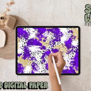 Carta digitale con pennellate di dalmata viola/oro glitter, carta digitale 12"x12" per sublimazione, PNG, design originale