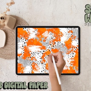 Carta digitale con pennellate di dalmata arancione/argento glitterata, carta digitale 12"x12" per sublimazione, PNG, design originale