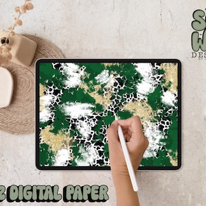 Carta digitale con pennellate di mashup di puntini glitterati verde scuro/oro, carta digitale 12"x12" per sublimazione, PNG, design originale