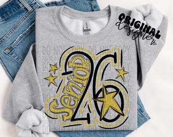 Senior 2026 Doodle Vegas Gold & Black Sublimation Design, School Spirit/ Back To School Design for Sublimation, PNG, Original Design