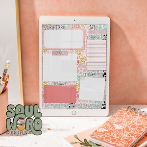 May include: A digital planner on a tablet with a colorful abstract background. The planner includes sections for scripture, prayer, takeaways, thoughts, and a place to write what you are thankful for. The text "His mercies are new every morning" is at the bottom of the planner.