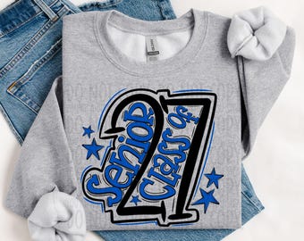 Senior Class of 2027 Doodle Design | Back to School Shirt Graphic | Black & Royal Blue Graduation PNG | Digital Download