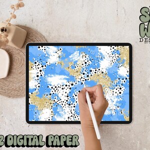 Carta digitale Columbia Blue/Gold Glitter Dalmatian Mashup Brushstroke, carta digitale 12"x12" per sublimazione, PNG, design originale
