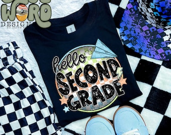 Hello Second Grade Blue Checker Sublimation Design, Back To School Design for Sublimation, PNG, Original Design