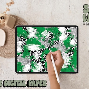Kelly Green/Silver Glitter Spots Mashup Brushstroke Carta digitale, 12"x12" Carta digitale per sublimazione, PNG, Design originale
