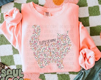 Fluffy Cat Mom Floral Sublimation Design, Mom Design do Sublimacji, PNG, Oryginalny Design
