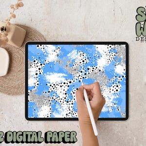 Carta digitale Columbia Blue/Silver Glitter Dalmatian Mashup Brushstroke, 12"x12" Carta digitale per sublimazione, PNG, design originale