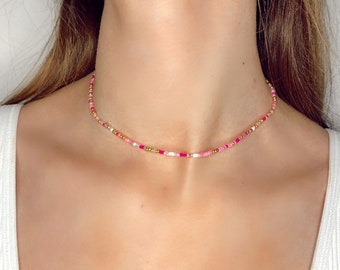 Pink and Gold Preppy Seed Bead Necklace