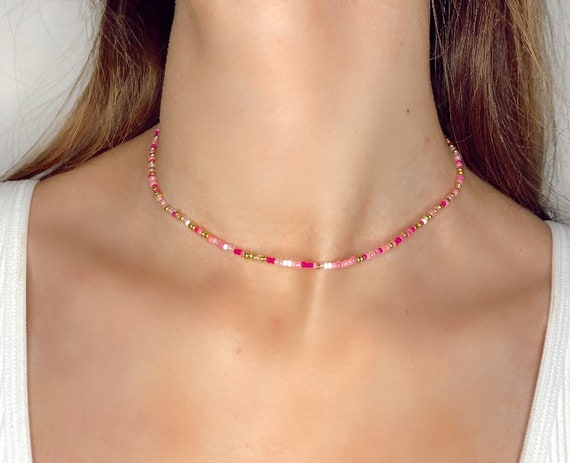 Pink and Gold Preppy Seed Bead Necklace - Etsy