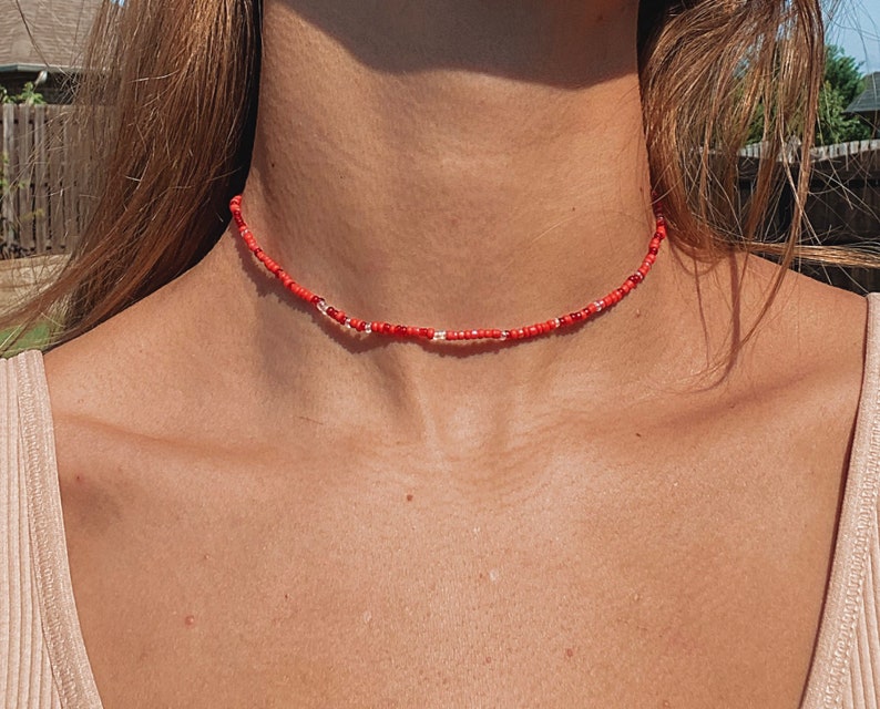 Red Seed Bead Necklace Etsy