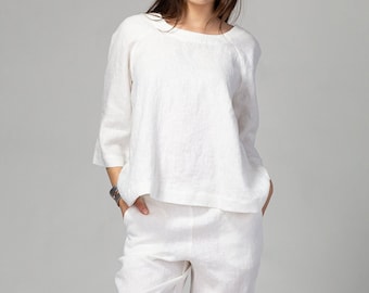 BELL Linen Raglan Blouse | Washed Linen Pullover Shirt | Flared Linen Top | Cropped Linen Pullover