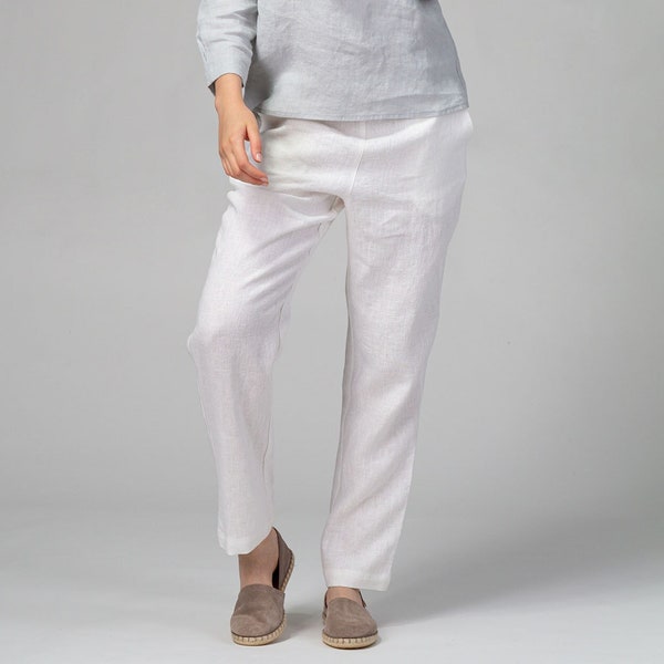 PRÊT À L'EXPÉDITION Pantalon style jogging en lin blanc avec poches