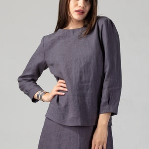 READY TO SHIP Fitted Blouse in Dark Grey Medium Weight Washed Linen