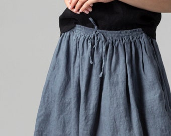 READY TO SHIP Blue Fog Linen Gathered Skirt, Wide Linen Skirt, Linen Skirt with Pockets, Midi Linen Skirt