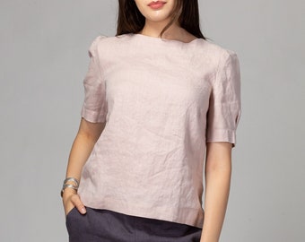 LISTO PARA ENVIAR Dusty Pink Fitted Linen Top / Camiseta de lino puro / Blusa de lino de manga corta / Top de lino básico / Blusa de lino para mujer