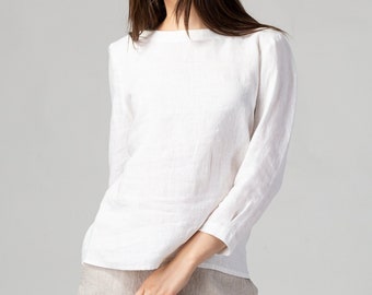 READY TO SHIP  White Linen Fitted Blouse, Simple Linen Shirt, Loose Fit Top, Long Sleeve Linen Shirt, Linen T-Shirt Women | Linen Clothing