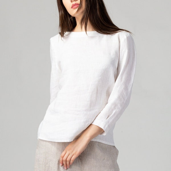 READY TO SHIP  White Linen Fitted Blouse, Simple Linen Shirt, Loose Fit Top, Long Sleeve Linen Shirt, Linen T-Shirt Women | Linen Clothing