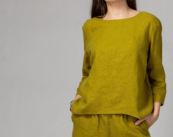 READY TO SHIP Mustard Green Oversized High Low Linen Blouse