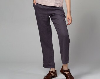 READY TO SHIP Dark Gray Relaxed Linen Pants with Pockets