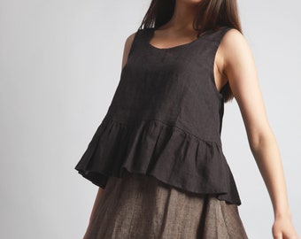KORY Elegant Cropped Linen Top with Ruffles, Sleeveless Linen Top, Loose Linen Shirt, KNOTIUM Handmade Linen Clothing, Linen Tops Women