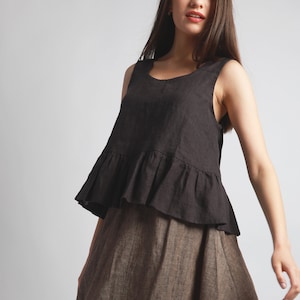 KORY Elegant Cropped Linen Top with Ruffles, Sleeveless Linen Top, Loose Linen Shirt, KNOTIUM Handmade Linen Clothing, Linen Tops Women