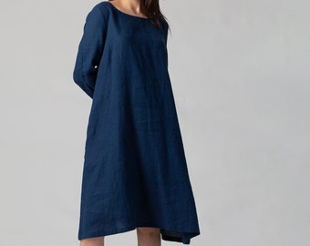 READY TO SHIP Loose Midi Linen Dress with Pockets, Blue Linen Tunic Dress, Linen Essentials, Dress for Mom, Healthy Maternity Dress