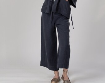 Pantalon droit en lin KEYA | Pantalon classique en lin | Pantalon en lin élastiqué | Pantalon d'été en lin | Pantalon à enfiler en lin | Pantalon gaucho en lin