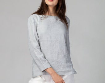 Pure Linen Fitted Blouse | Long Sleeve Linen Top | Casual Linen Blouse | Round Neck Linen Top | Light Blue Linen Top | Linen Clothing Women