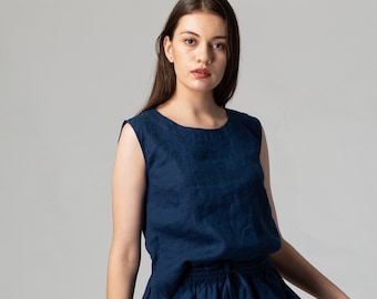 READY TO SHIP High Low Sleeveless Loose Navy Linen Top