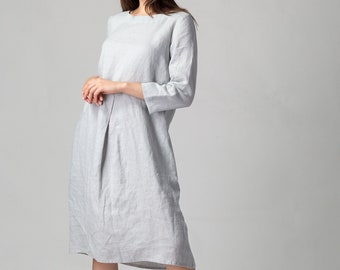 READY TO SHIP Abby Pleated Midi Linen Dress with Pockets Light Gray, A-Line Midi Dress