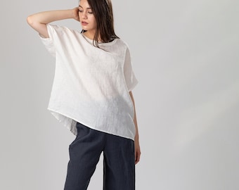 WIDE Oversized Linen T-Shirt | Loose Short Sleeve Linen Tee | Boxy Boatneck Short Sleeve Linen Shirt | Handmade Linen Clothing
