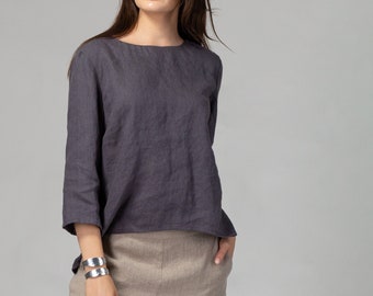 READY TO SHIP Dark Gray Loose Linen Top with Half Sleeves