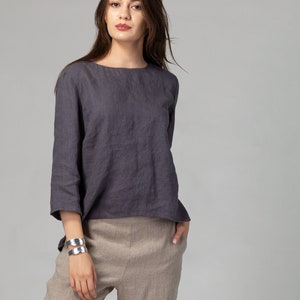 READY TO SHIP Dark Gray Loose Linen Top with Half Sleeves
