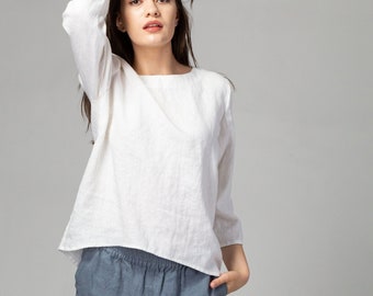 READY TO SHIP Off White Linen Blouse, Relaxed Linen Top, High Low Linen Shirt, Loose Linen Blouse, Lounge Linen Top