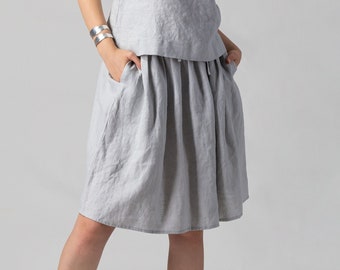 READY TO SHIP Light Grey Gathered Linen Skirt, Everyday Linen Skirt, Linen Drawstring Skirt, Linen Skirt with Pockets, Minimalist Skirt
