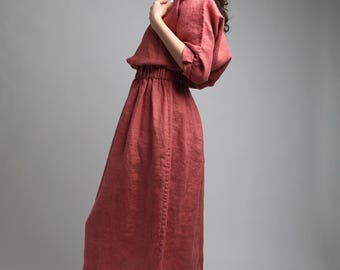 Ready to Ship, Size S, Color Red Grapefruit - JOURNEY Midi Linen Dress with Elastic Waist, Everyday Linen Clothing