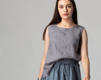 Ash Gray Sleeveless Linen Top | Pure Linen Summer Shirt | Linen Layering Top | Loose Linen Top | Cropped Linen Blouse for Women