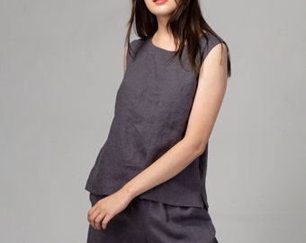 READY TO SHIP Dark Gray Linen Top | Sleeveless Linen Top | Linen top with Side Slits | Cropped Linen T-shirt | Summer Linen Blouse