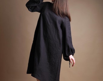 YELLO Relaxed Puff Sleeve Midi Linen Dress, Flared Linen Dress, Bohemian Linen Dress, Minimalist Linen Dress, Knotium Clothing