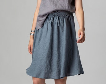 READY TO SHIP Mya Blue Minimalist Circle Linen Skirt Knee Length