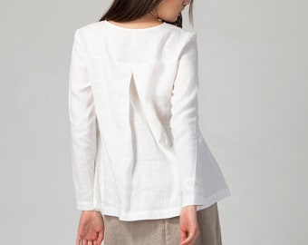 READY TO SHIP White Flared Linen Tunic Top with Box Pleat