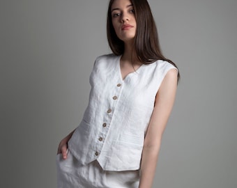 Loose Fit Linen Waistcoat EVE for Women with Adjustable Back Ties, KNOTIUM Linen Clothing