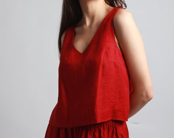 Boho Chic LILLE Cropped V-Neck Sleeveless Linen Top for Summer, Knotium Linen Clothing